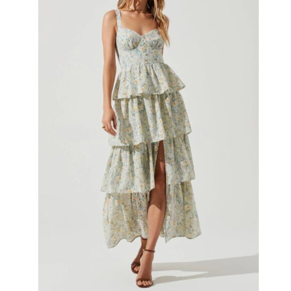 ASTR Midsummer Floral Tiered Maxi Dress Ruffle Boho Romantic Size L NEW